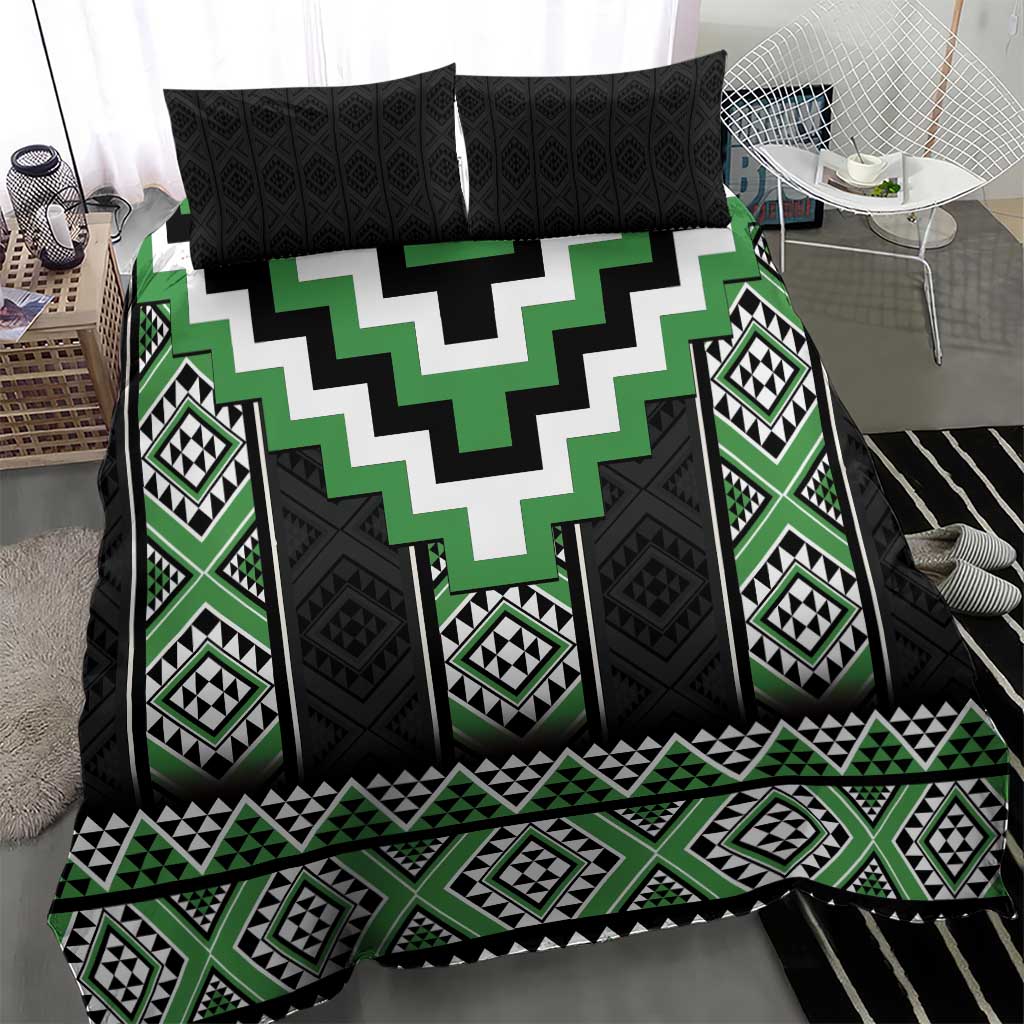 Green Taniko Pattern Aotearoa Bedding Set Niho Taniwha Mix Poutama - Vibe Hoodie Shop
