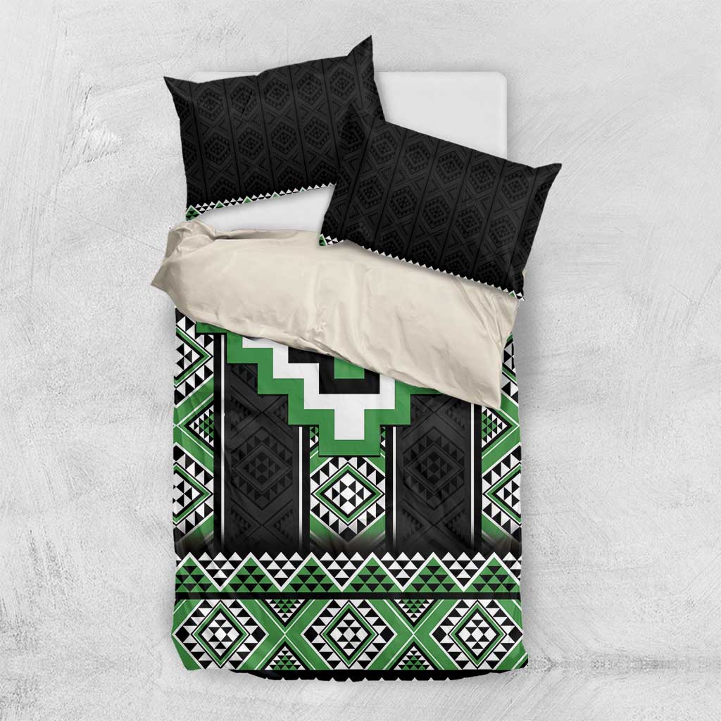 Green Taniko Pattern Aotearoa Bedding Set Niho Taniwha Mix Poutama - Vibe Hoodie Shop