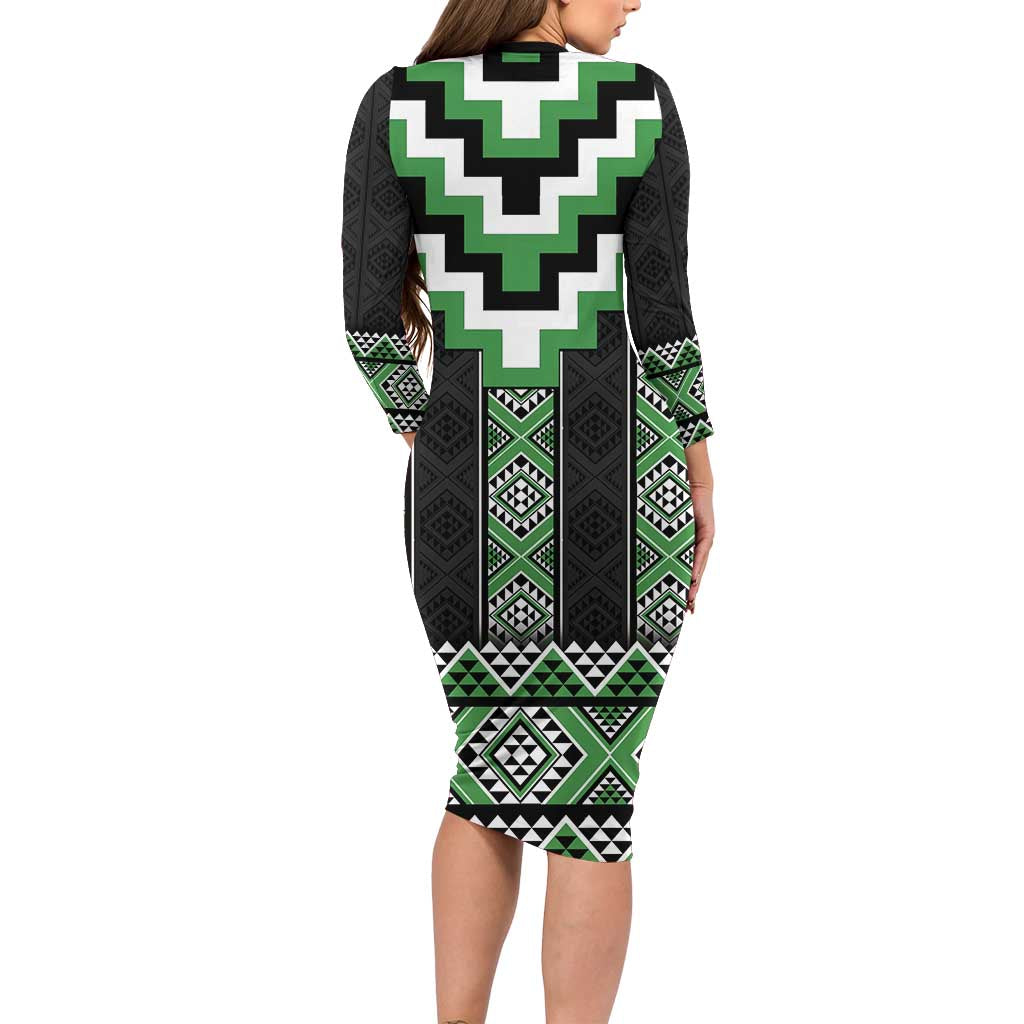 Green Taniko Pattern Aotearoa Family Matching Long Sleeve Bodycon Dress and Hawaiian Shirt Niho Taniwha Mix Poutama LT14