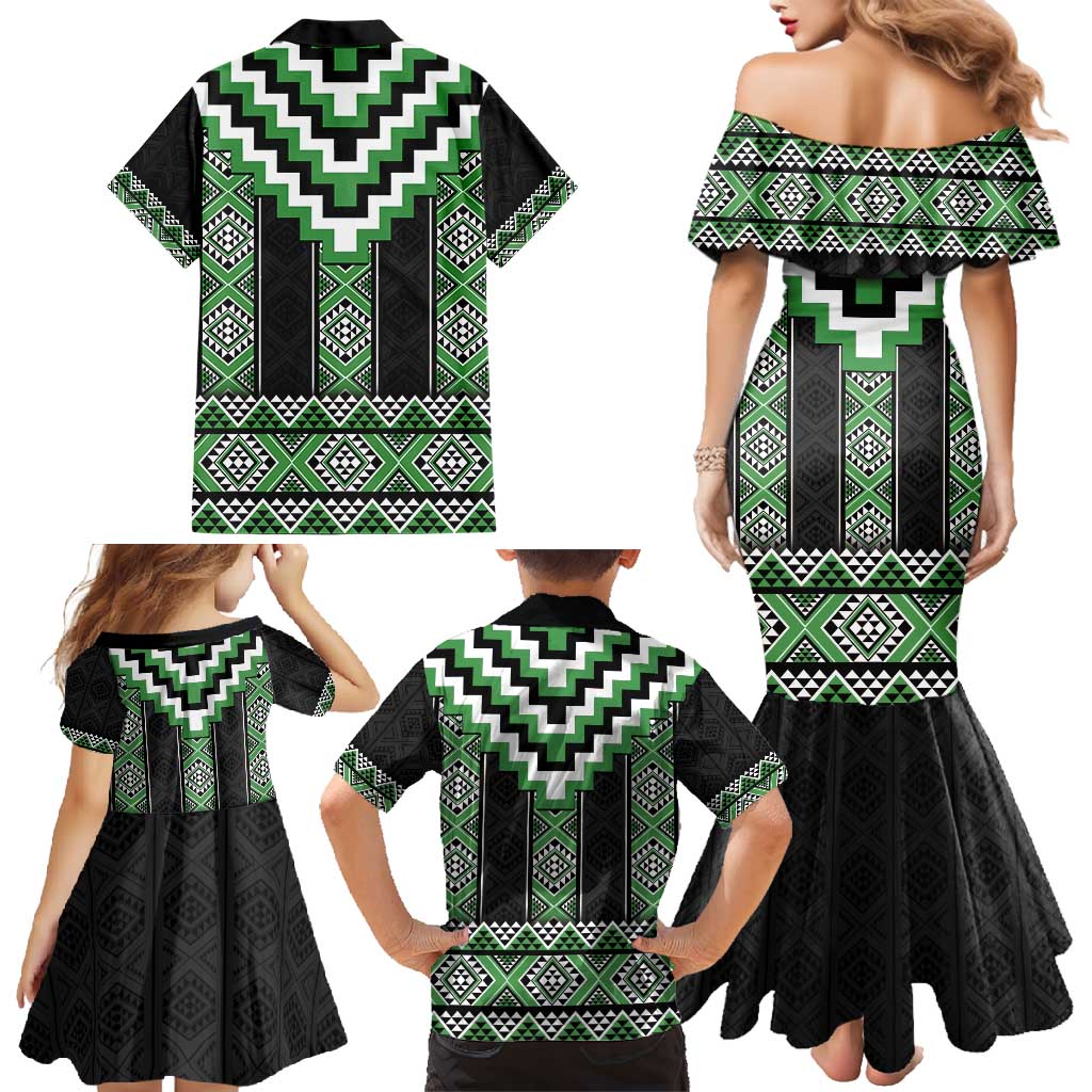 Green Taniko Pattern Aotearoa Family Matching Mermaid Dress and Hawaiian Shirt Niho Taniwha Mix Poutama LT14