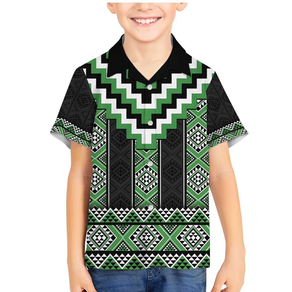 Green Taniko Pattern Aotearoa Family Matching Mermaid Dress and Hawaiian Shirt Niho Taniwha Mix Poutama LT14