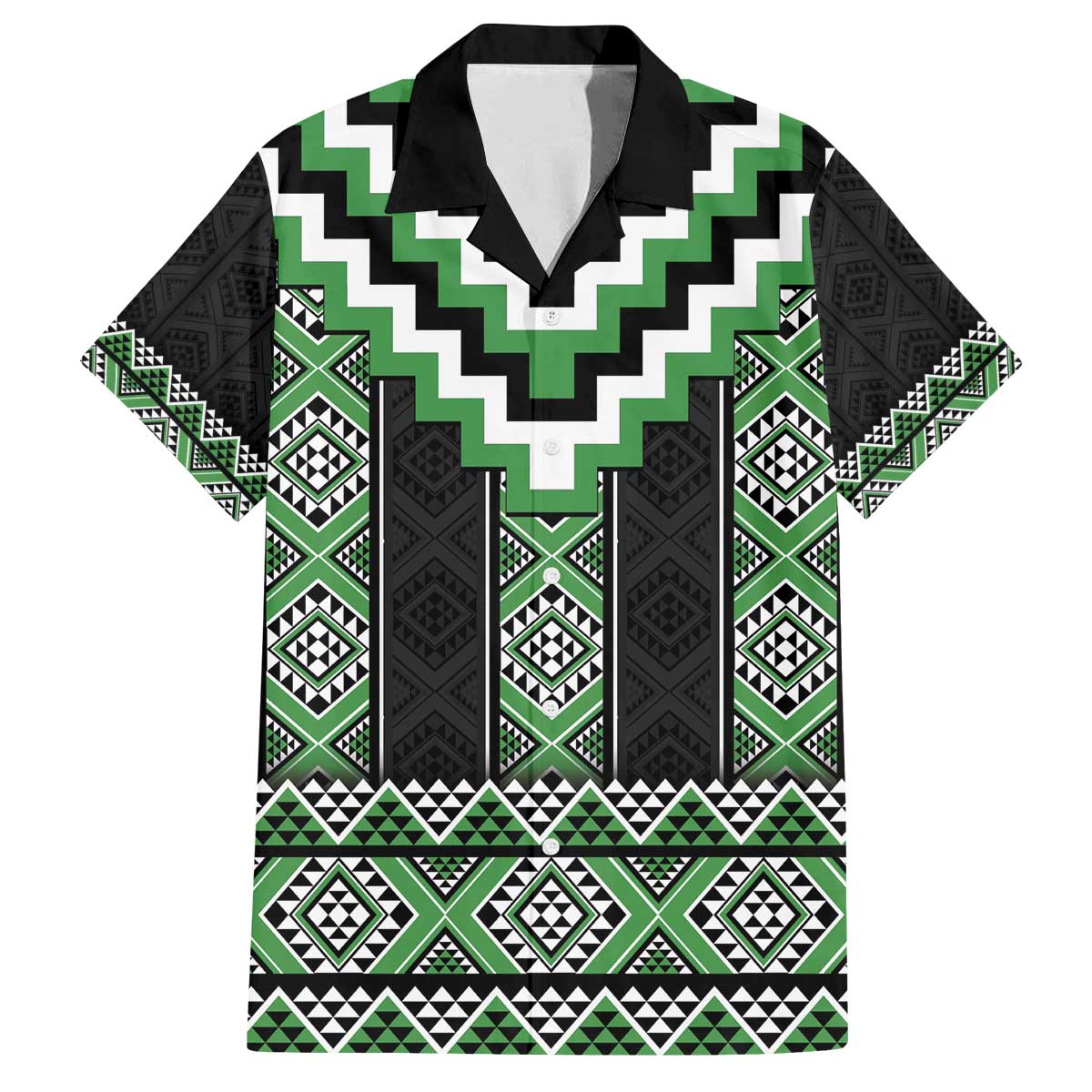 Green Taniko Pattern Aotearoa Family Matching Off The Shoulder Long Sleeve Dress and Hawaiian Shirt Niho Taniwha Mix Poutama LT14