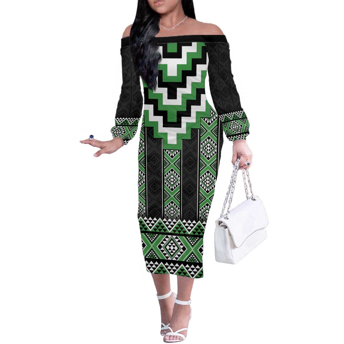 Green Taniko Pattern Aotearoa Family Matching Off The Shoulder Long Sleeve Dress and Hawaiian Shirt Niho Taniwha Mix Poutama LT14