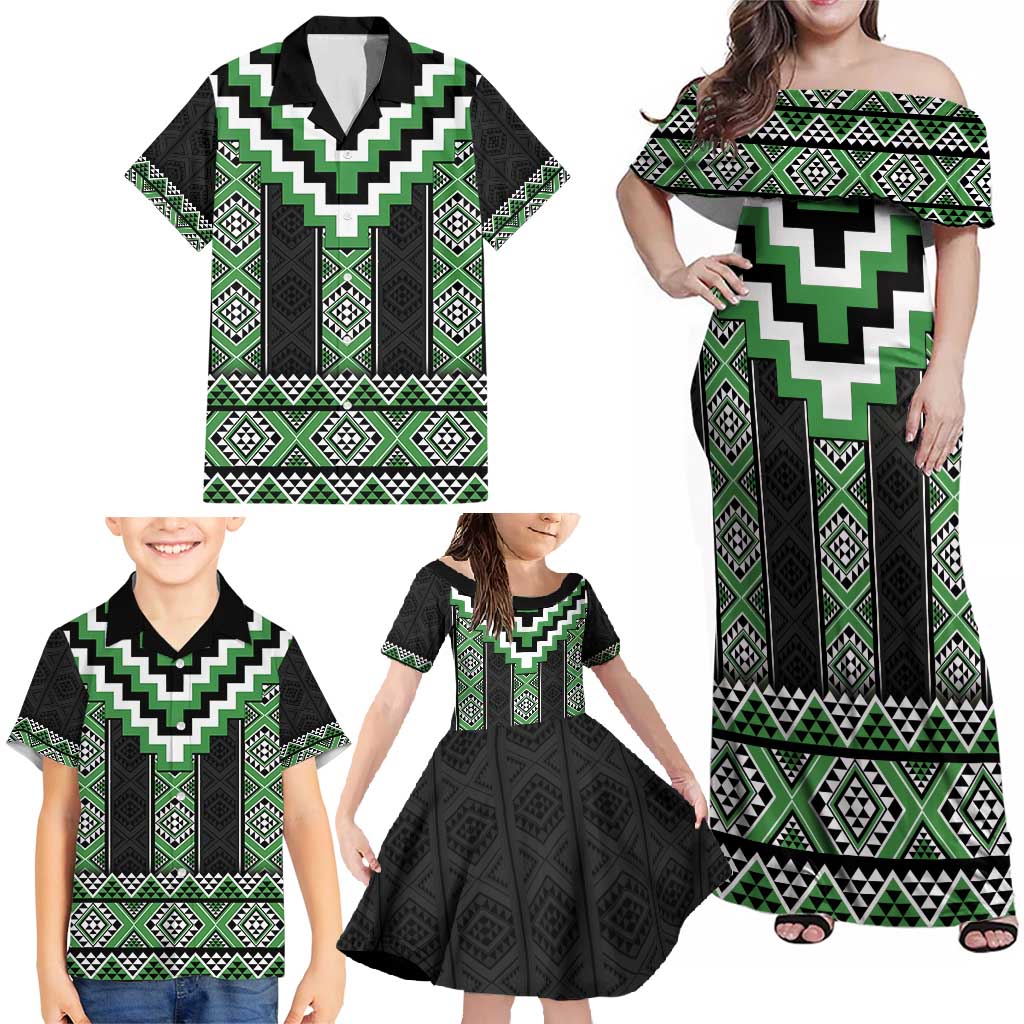 Green Taniko Pattern Aotearoa Family Matching Off Shoulder Maxi Dress and Hawaiian Shirt Niho Taniwha Mix Poutama LT14