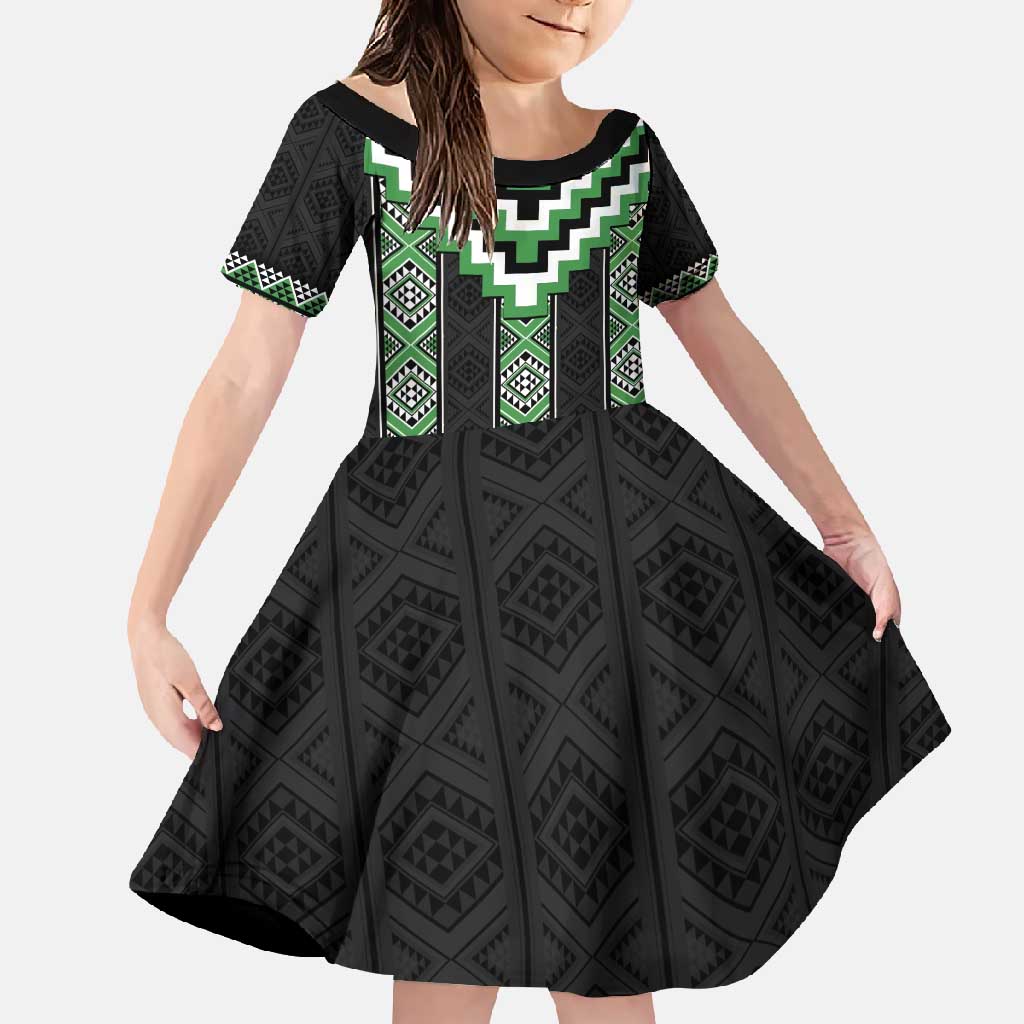 Green Taniko Pattern Aotearoa Family Matching Off Shoulder Maxi Dress and Hawaiian Shirt Niho Taniwha Mix Poutama LT14