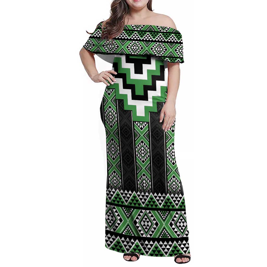 Green Taniko Pattern Aotearoa Family Matching Off Shoulder Maxi Dress and Hawaiian Shirt Niho Taniwha Mix Poutama LT14