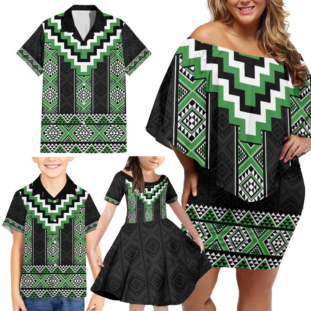 Green Taniko Pattern Aotearoa Family Matching Off Shoulder Short Dress and Hawaiian Shirt Niho Taniwha Mix Poutama LT14