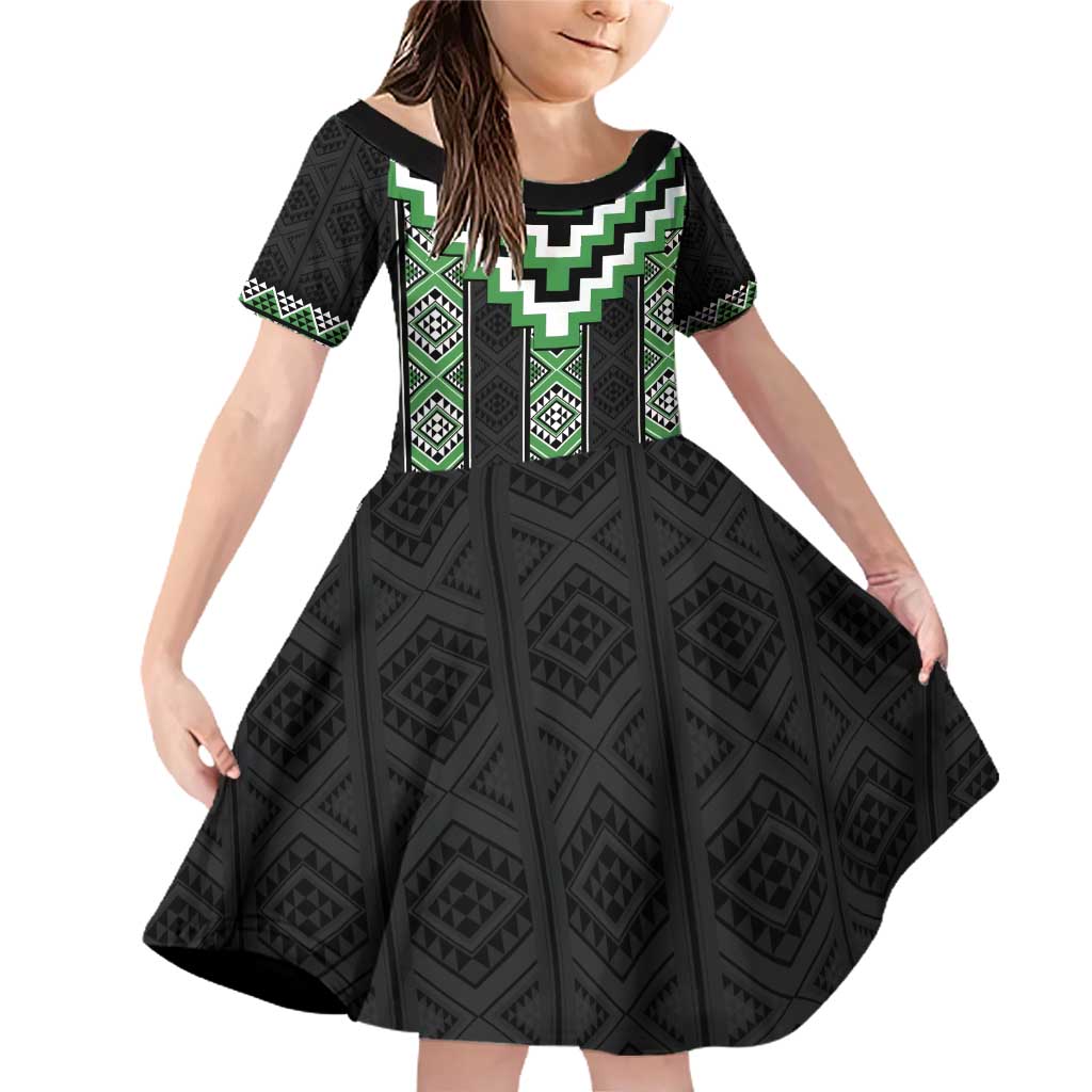 Green Taniko Pattern Aotearoa Family Matching Off Shoulder Short Dress and Hawaiian Shirt Niho Taniwha Mix Poutama LT14