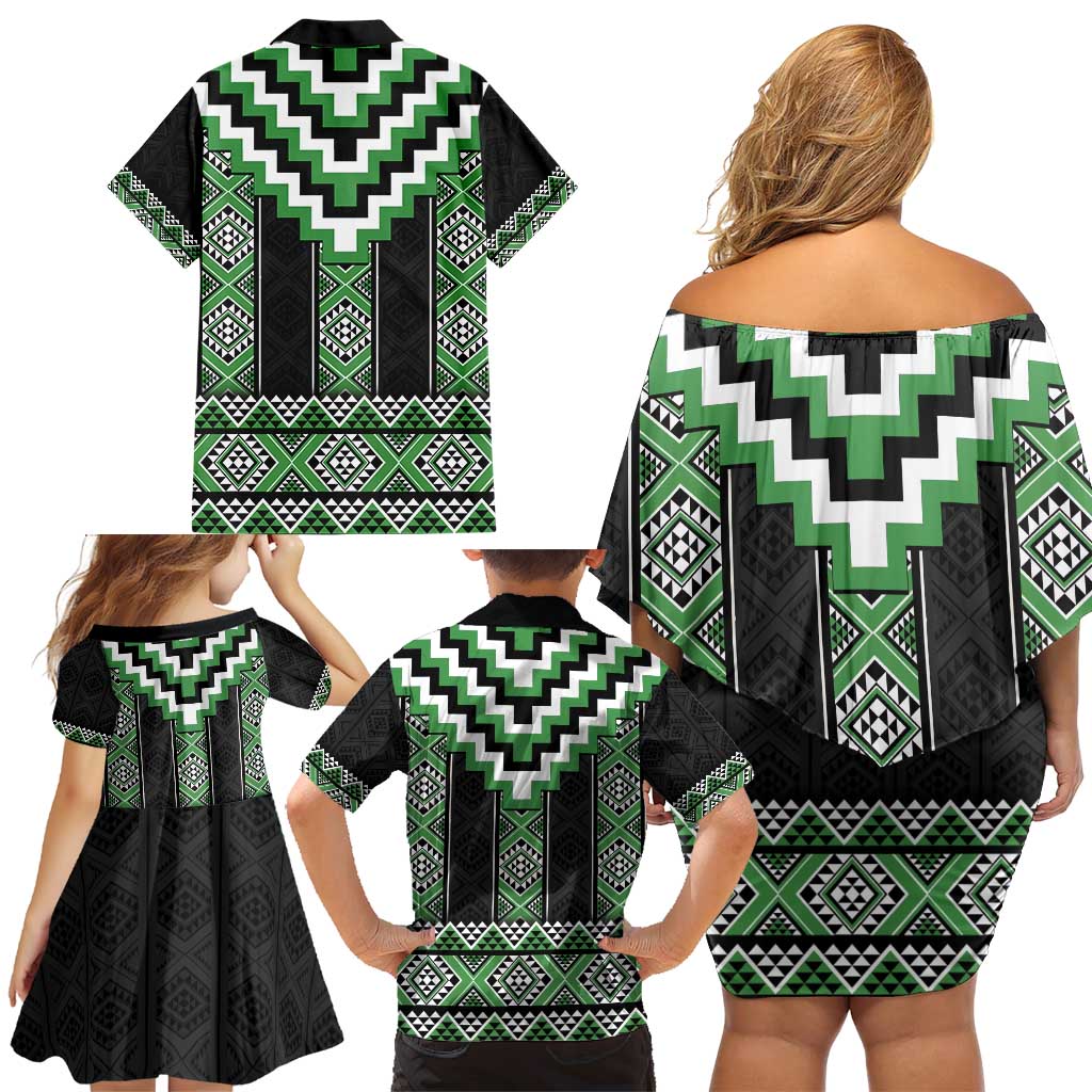 Green Taniko Pattern Aotearoa Family Matching Off Shoulder Short Dress and Hawaiian Shirt Niho Taniwha Mix Poutama LT14