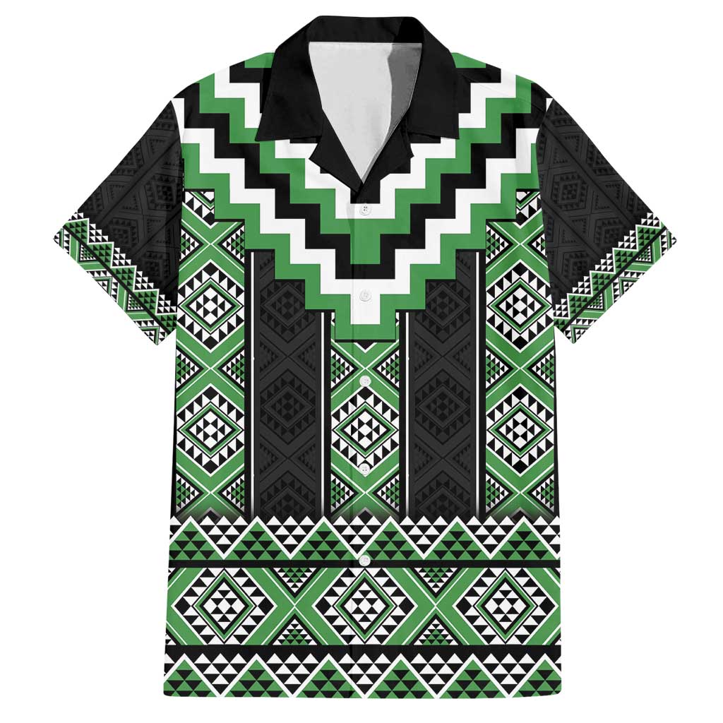 Green Taniko Pattern Aotearoa Family Matching Off Shoulder Short Dress and Hawaiian Shirt Niho Taniwha Mix Poutama LT14