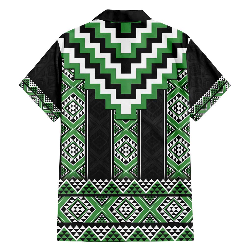 Green Taniko Pattern Aotearoa Family Matching Off Shoulder Short Dress and Hawaiian Shirt Niho Taniwha Mix Poutama LT14