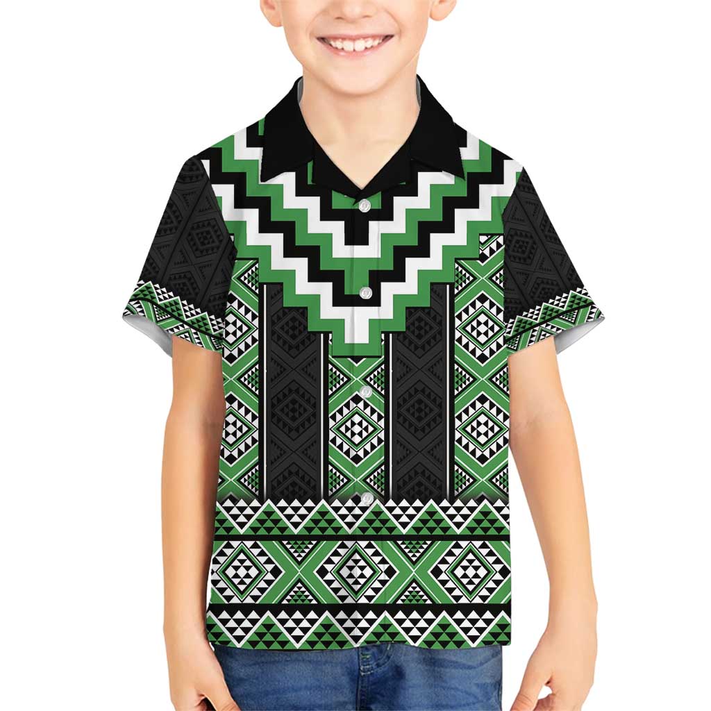 Green Taniko Pattern Aotearoa Family Matching Off Shoulder Short Dress and Hawaiian Shirt Niho Taniwha Mix Poutama LT14