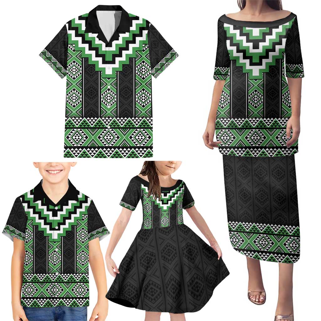 Green Taniko Pattern Aotearoa Family Matching Puletasi and Hawaiian Shirt Niho Taniwha Mix Poutama LT14