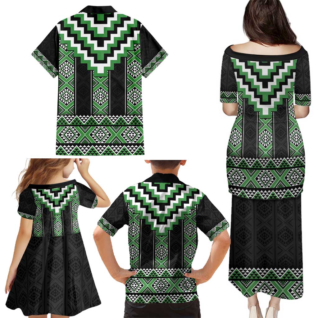 Green Taniko Pattern Aotearoa Family Matching Puletasi and Hawaiian Shirt Niho Taniwha Mix Poutama LT14