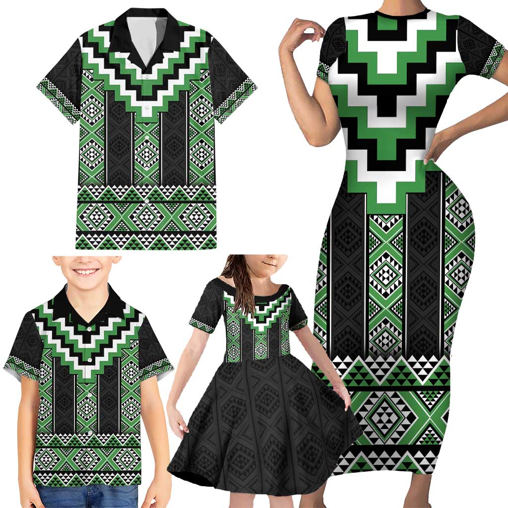 Green Taniko Pattern Aotearoa Family Matching Short Sleeve Bodycon Dress and Hawaiian Shirt Niho Taniwha Mix Poutama LT14