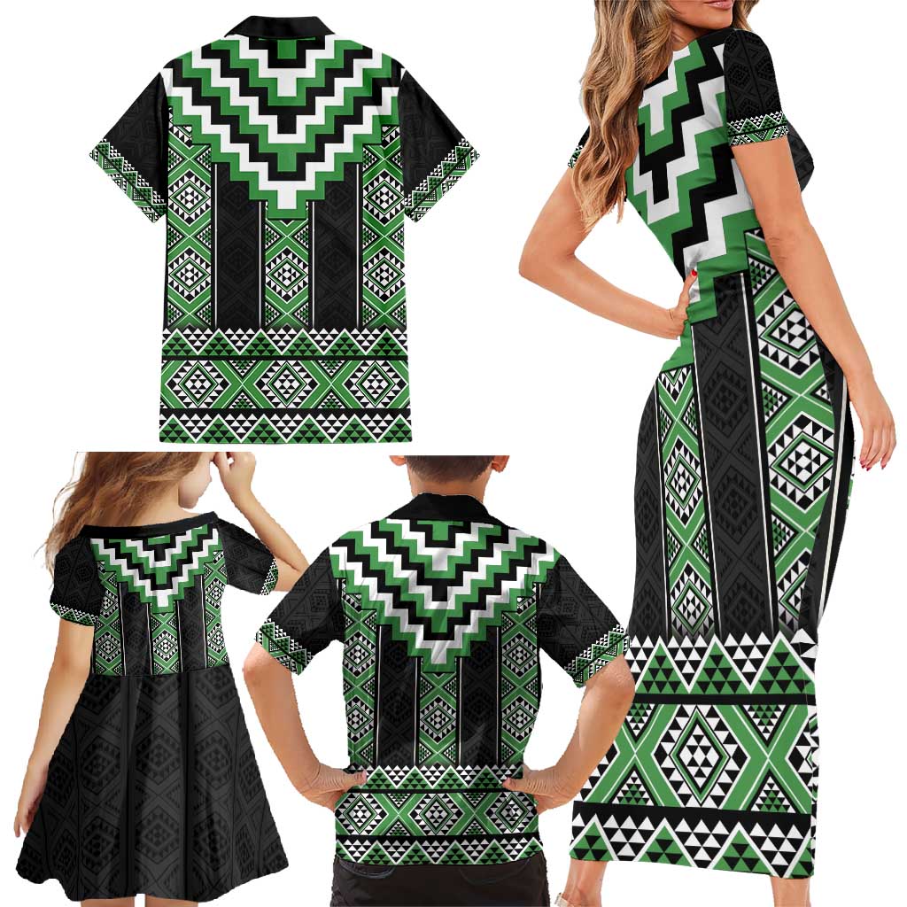 Green Taniko Pattern Aotearoa Family Matching Short Sleeve Bodycon Dress and Hawaiian Shirt Niho Taniwha Mix Poutama LT14