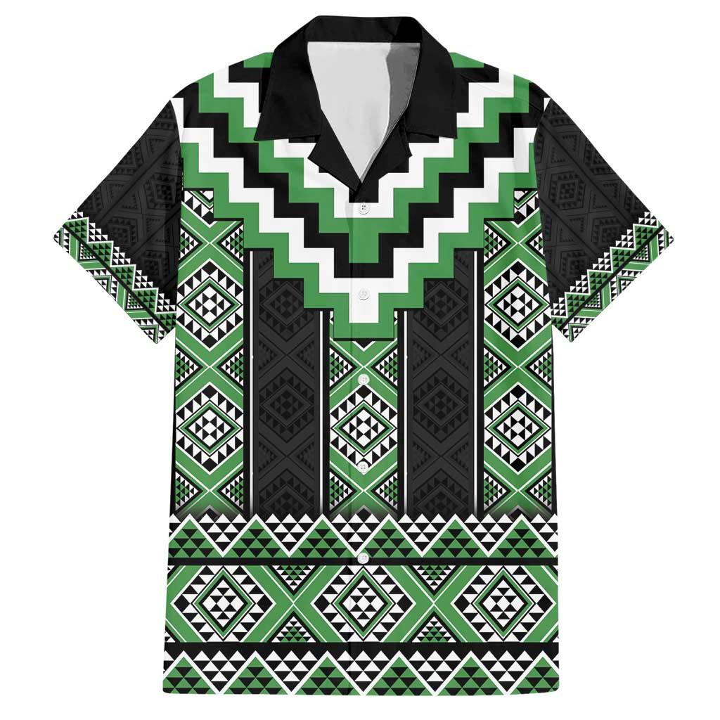 Green Taniko Pattern Aotearoa Family Matching Short Sleeve Bodycon Dress and Hawaiian Shirt Niho Taniwha Mix Poutama LT14