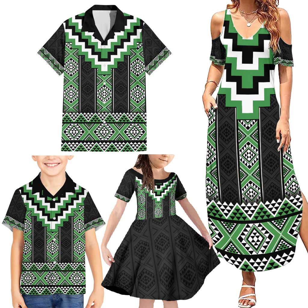 Green Taniko Pattern Aotearoa Family Matching Summer Maxi Dress and Hawaiian Shirt Niho Taniwha Mix Poutama LT14