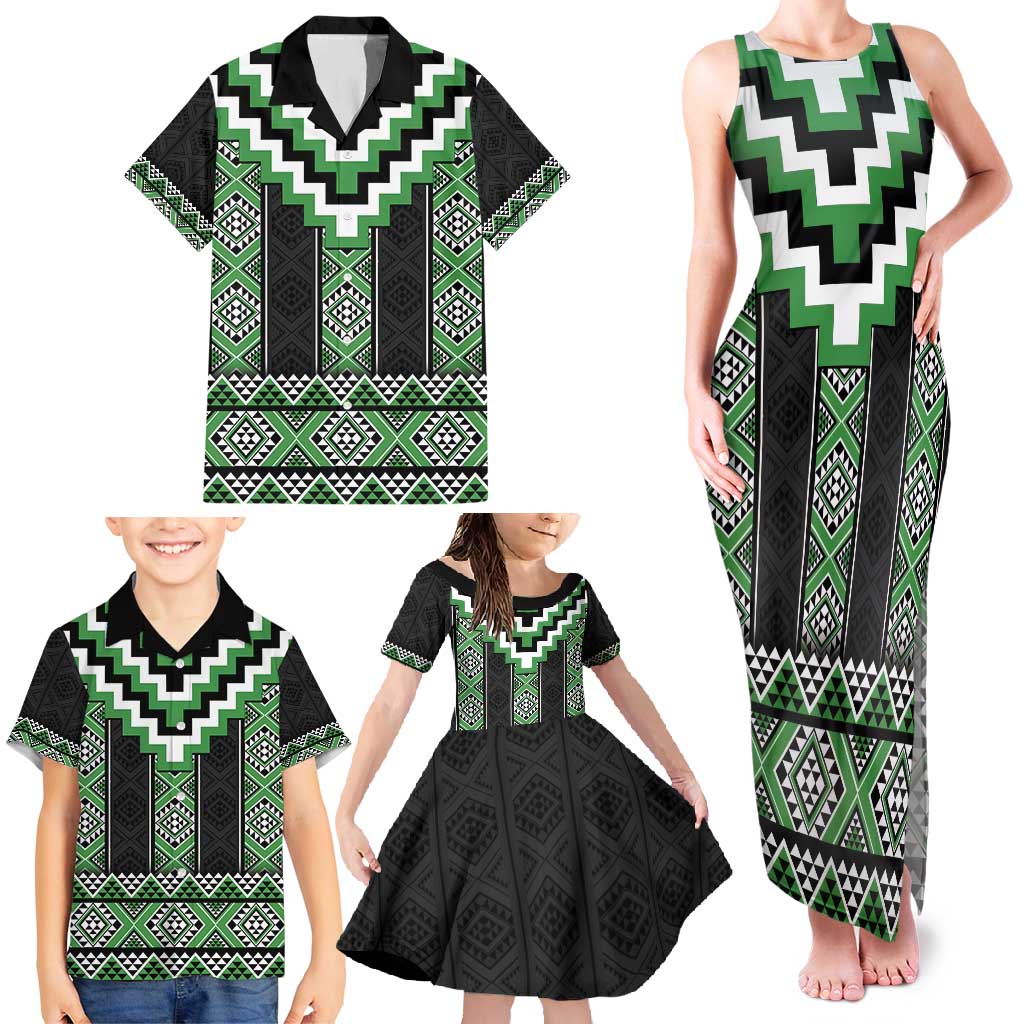 Green Taniko Pattern Aotearoa Family Matching Tank Maxi Dress and Hawaiian Shirt Niho Taniwha Mix Poutama LT14