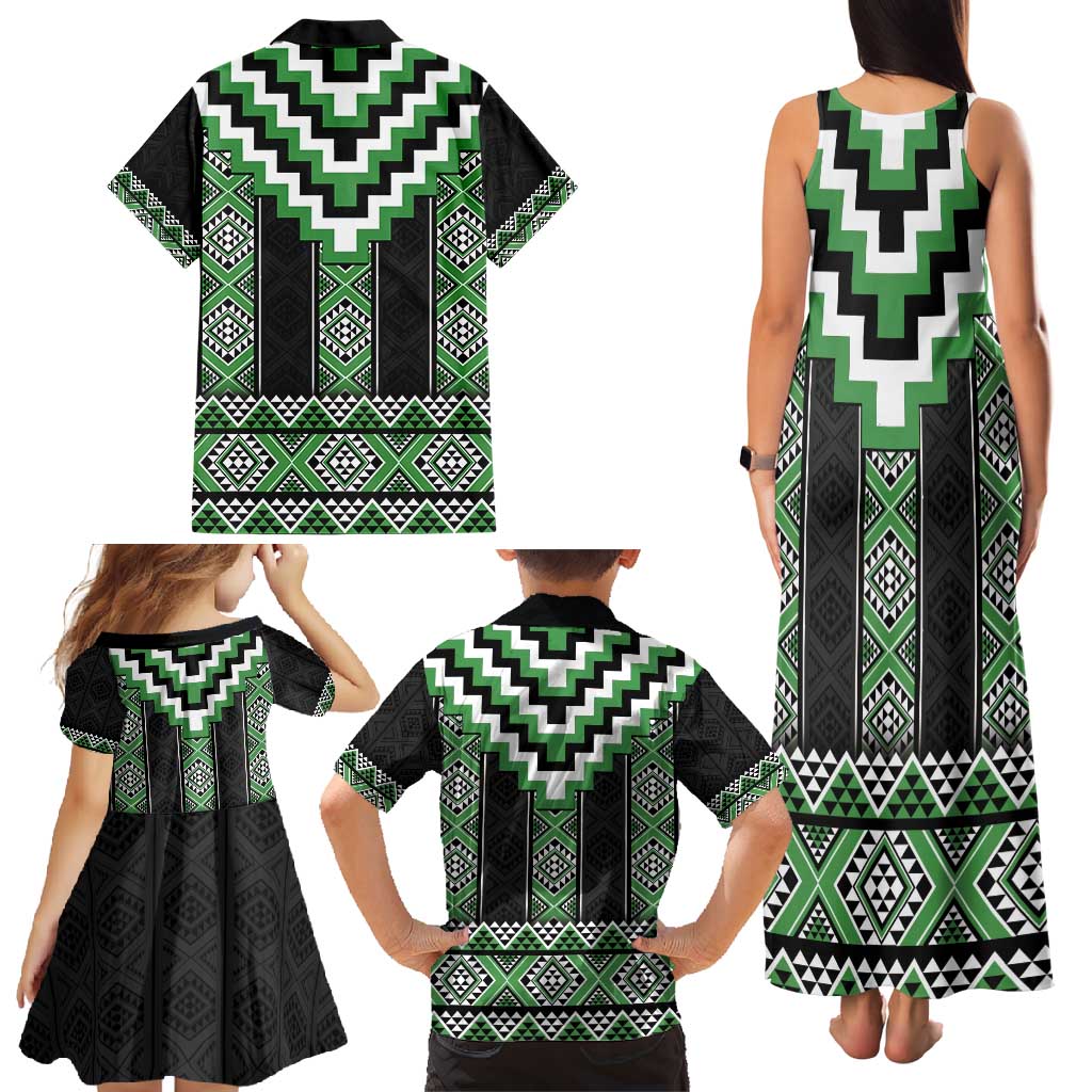 Green Taniko Pattern Aotearoa Family Matching Tank Maxi Dress and Hawaiian Shirt Niho Taniwha Mix Poutama LT14