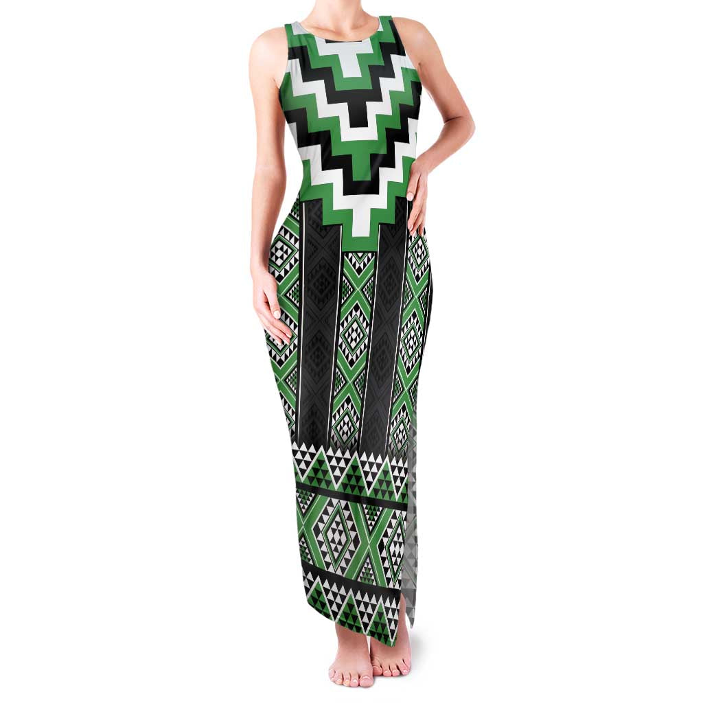 Green Taniko Pattern Aotearoa Family Matching Tank Maxi Dress and Hawaiian Shirt Niho Taniwha Mix Poutama LT14