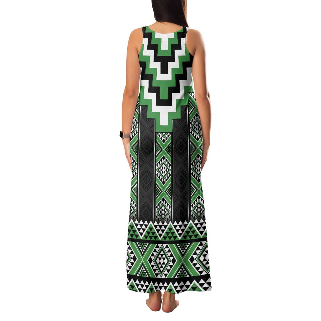 Green Taniko Pattern Aotearoa Family Matching Tank Maxi Dress and Hawaiian Shirt Niho Taniwha Mix Poutama LT14