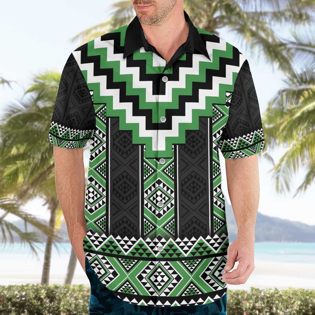 Green Taniko Pattern Aotearoa Hawaiian Shirt Niho Taniwha Mix Poutama - Vibe Hoodie Shop