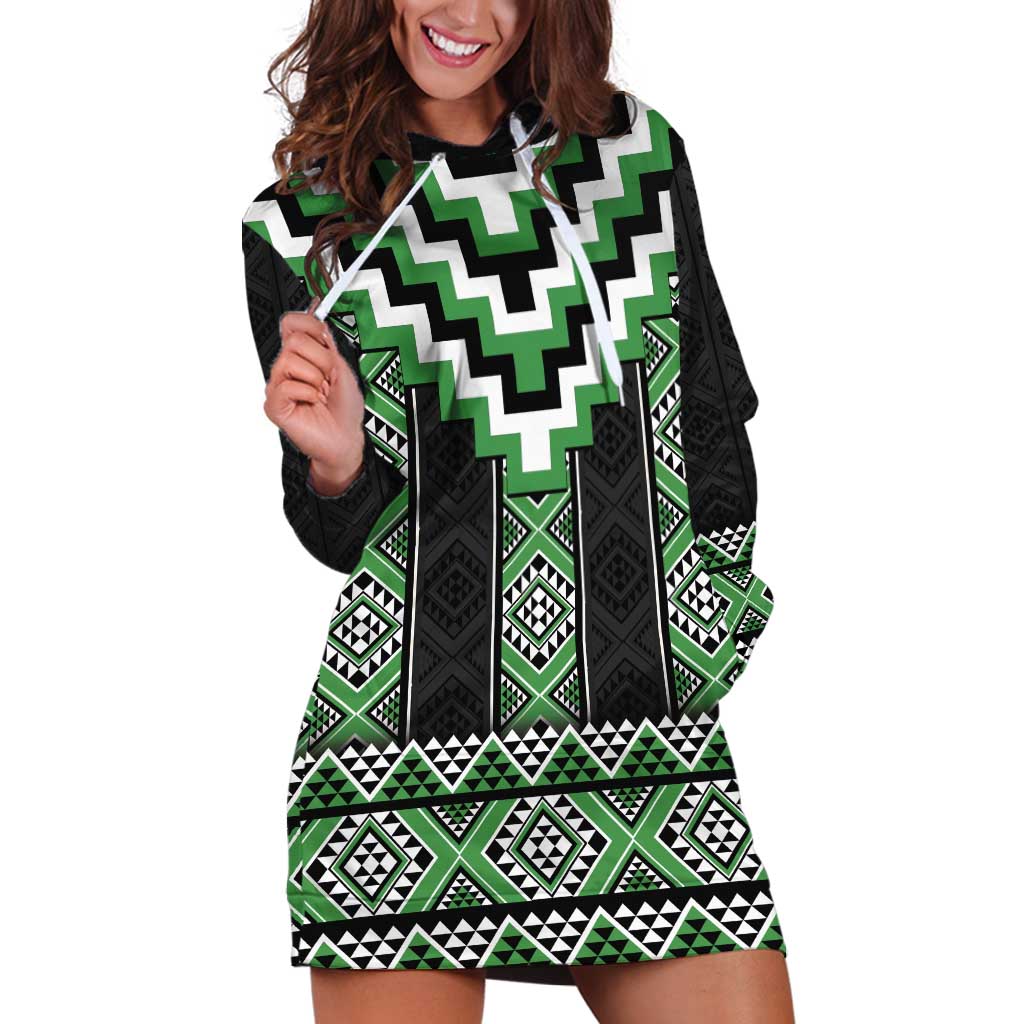 Green Taniko Pattern Aotearoa Hoodie Dress Niho Taniwha Mix Poutama - Vibe Hoodie Shop