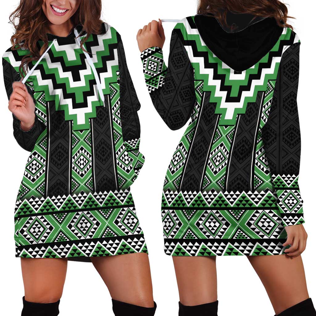 Green Taniko Pattern Aotearoa Hoodie Dress Niho Taniwha Mix Poutama - Vibe Hoodie Shop