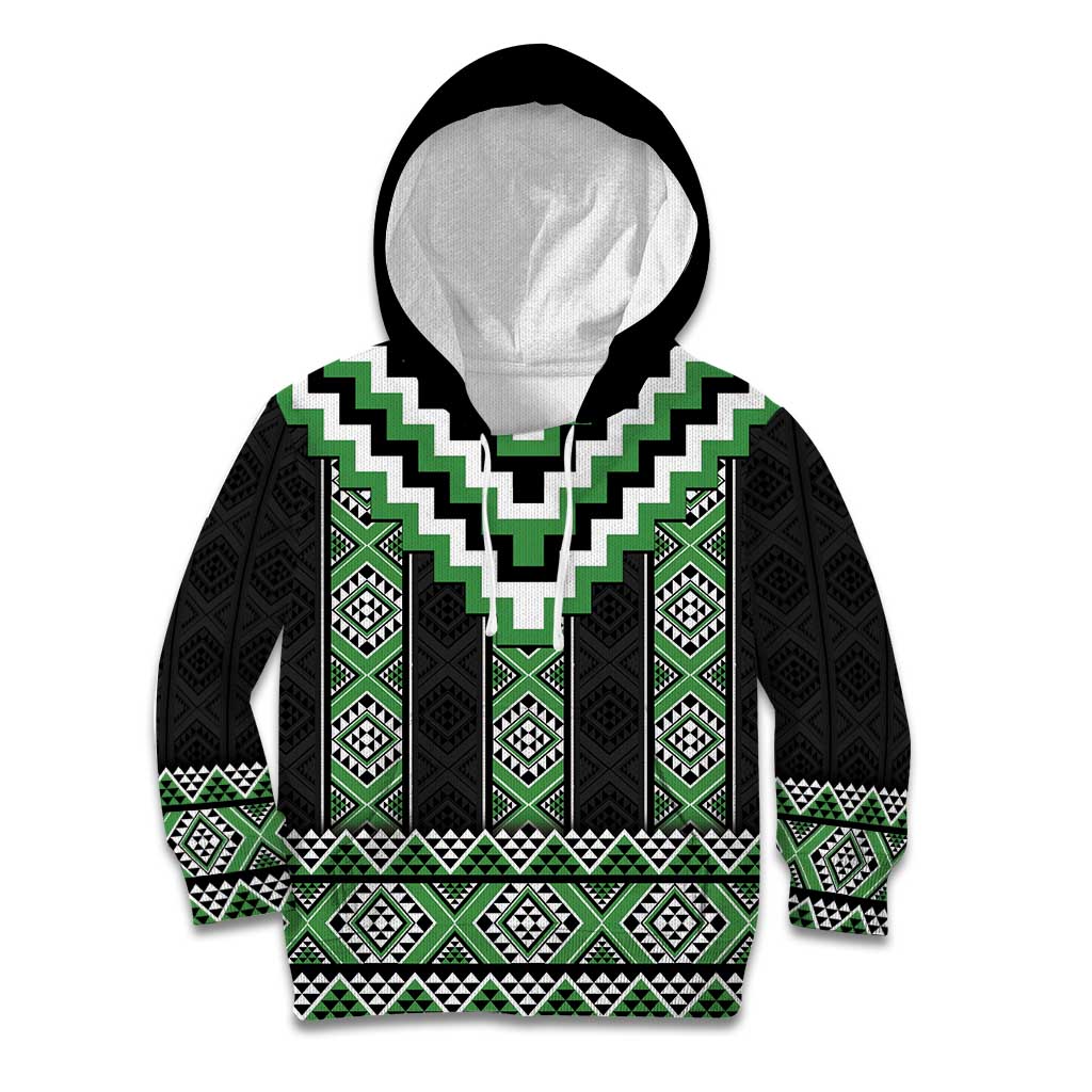 Green Taniko Pattern Aotearoa Kid Hoodie Niho Taniwha Mix Poutama - Vibe Hoodie Shop