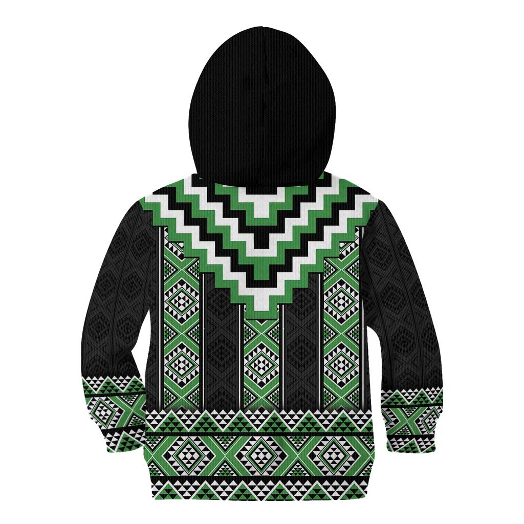 Green Taniko Pattern Aotearoa Kid Hoodie Niho Taniwha Mix Poutama - Vibe Hoodie Shop