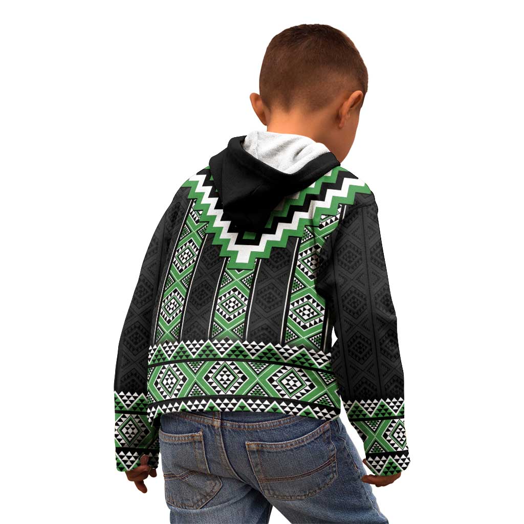 Green Taniko Pattern Aotearoa Kid Hoodie Niho Taniwha Mix Poutama - Vibe Hoodie Shop