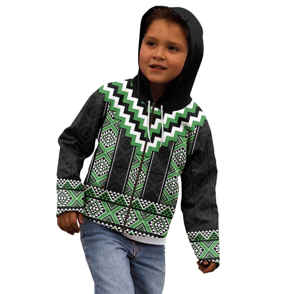 Green Taniko Pattern Aotearoa Kid Hoodie Niho Taniwha Mix Poutama - Vibe Hoodie Shop