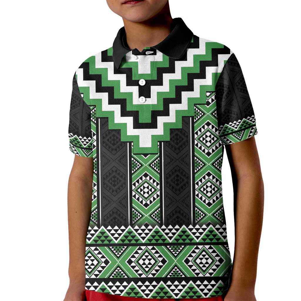 Green Taniko Pattern Aotearoa Kid Polo Shirt Niho Taniwha Mix Poutama - Vibe Hoodie Shop