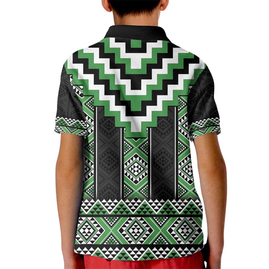 Green Taniko Pattern Aotearoa Kid Polo Shirt Niho Taniwha Mix Poutama - Vibe Hoodie Shop