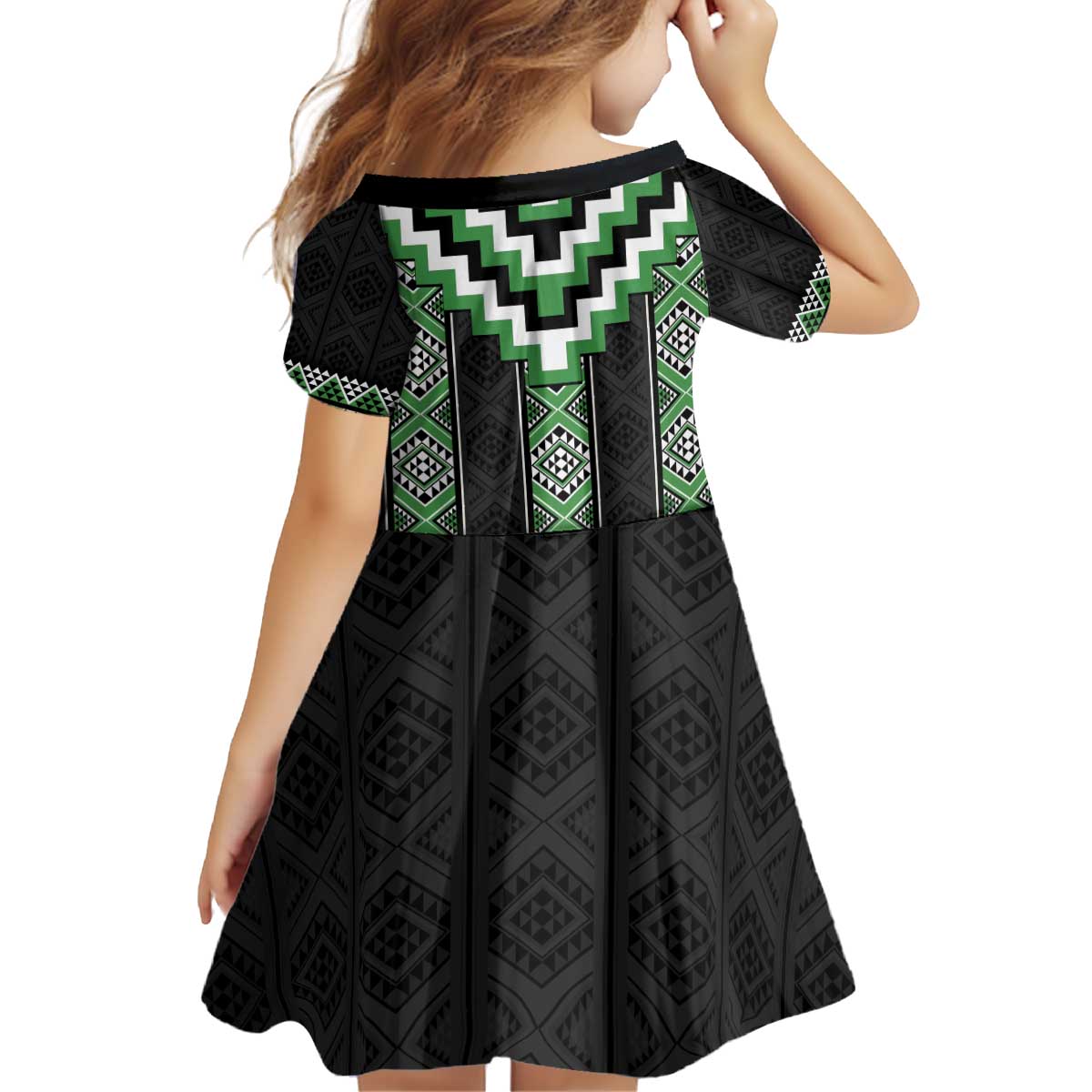 Green Taniko Pattern Aotearoa Kid Short Sleeve Dress Niho Taniwha Mix Poutama - Vibe Hoodie Shop