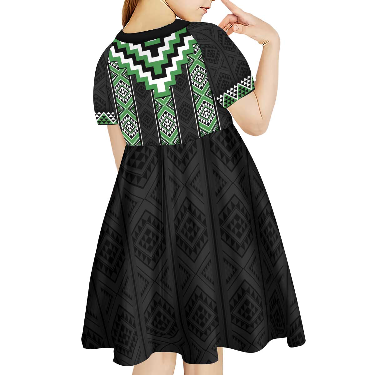 Green Taniko Pattern Aotearoa Kid Short Sleeve Dress Niho Taniwha Mix Poutama - Vibe Hoodie Shop