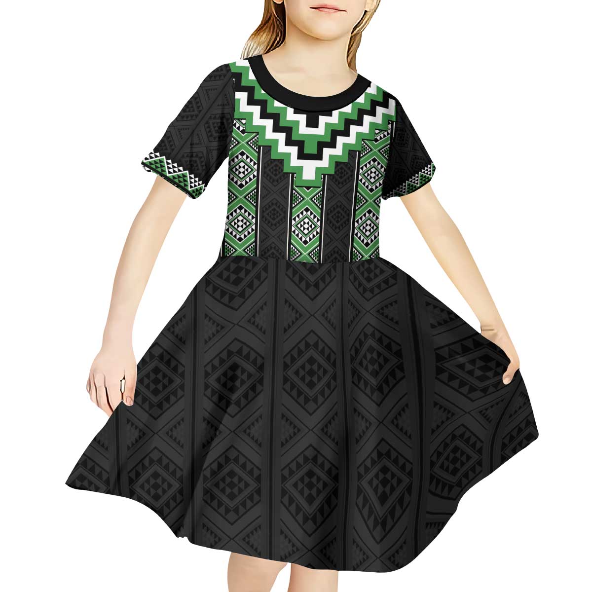 Green Taniko Pattern Aotearoa Kid Short Sleeve Dress Niho Taniwha Mix Poutama - Vibe Hoodie Shop