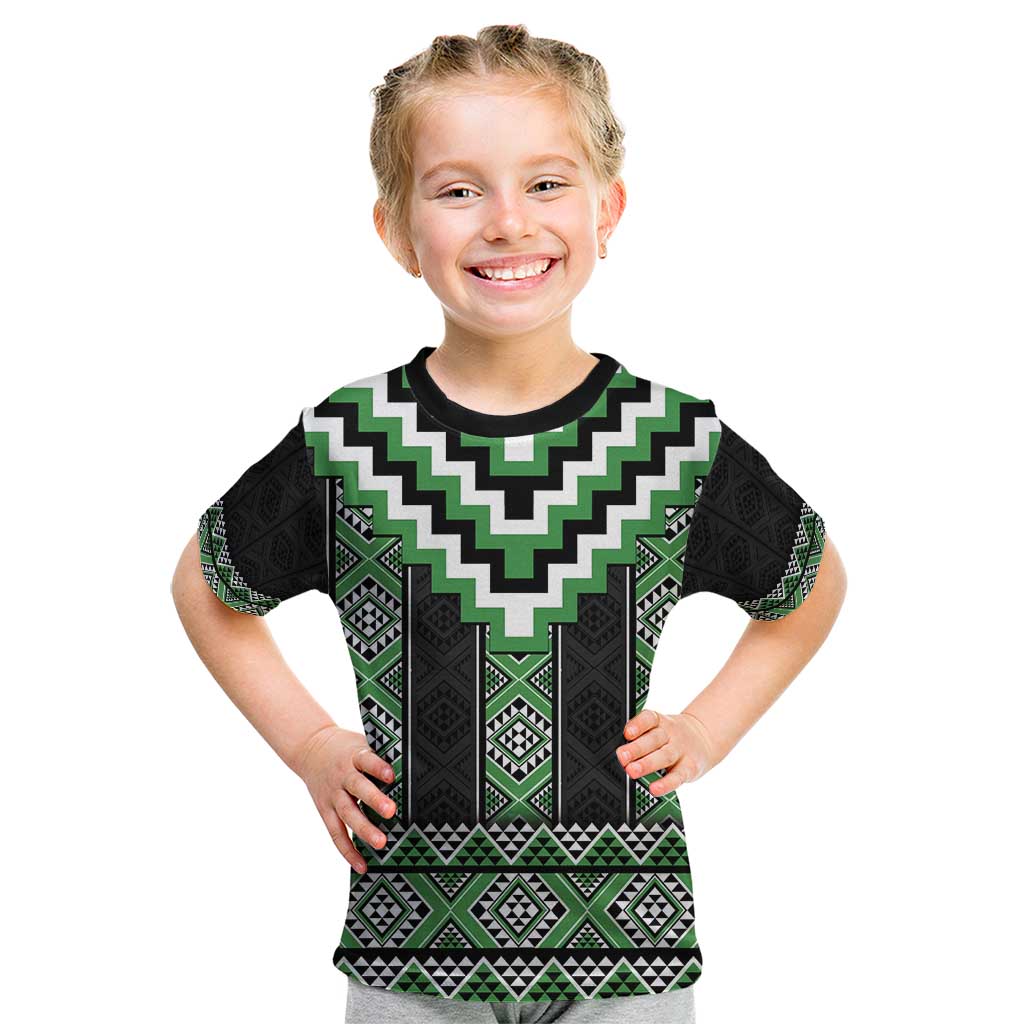 Green Taniko Pattern Aotearoa Kid T Shirt Niho Taniwha Mix Poutama - Vibe Hoodie Shop