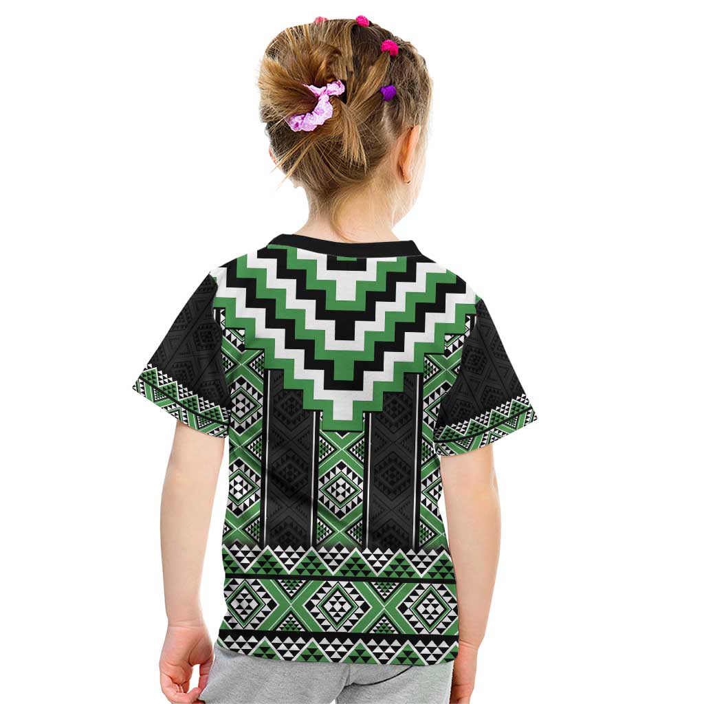 Green Taniko Pattern Aotearoa Kid T Shirt Niho Taniwha Mix Poutama - Vibe Hoodie Shop