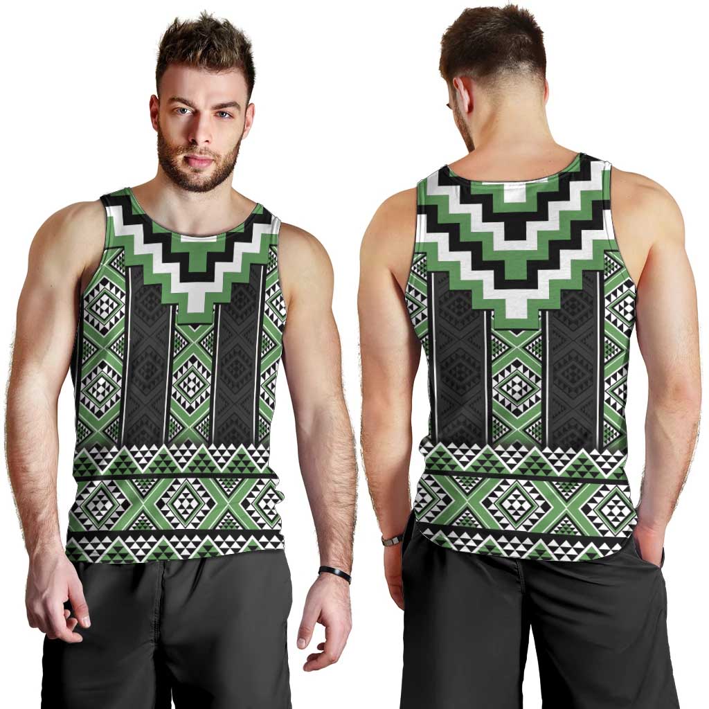 Green Taniko Pattern Aotearoa Men Tank Top Niho Taniwha Mix Poutama - Vibe Hoodie Shop