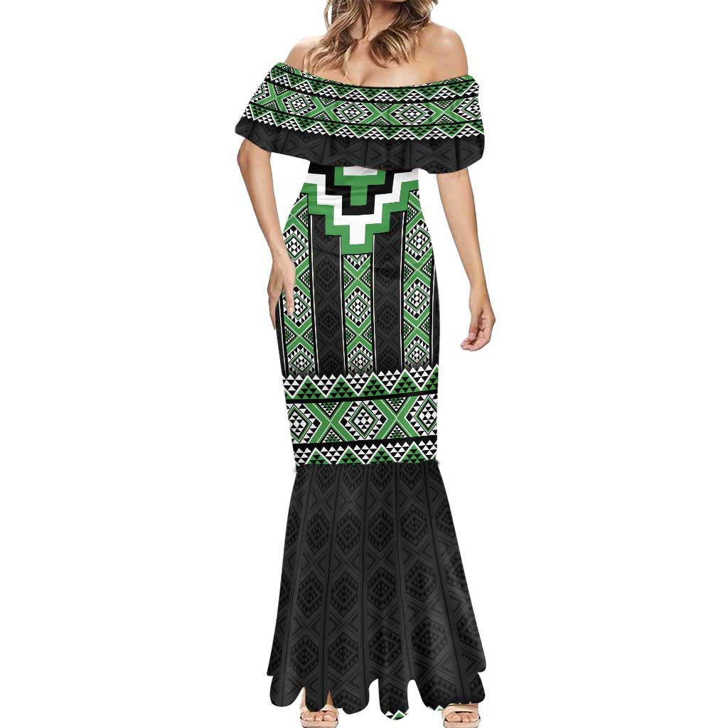 Green Taniko Pattern Aotearoa Mermaid Dress Niho Taniwha Mix Poutama LT14