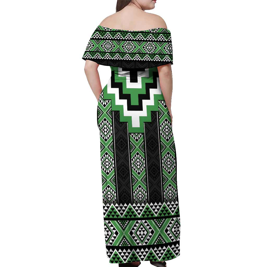 Green Taniko Pattern Aotearoa Off Shoulder Maxi Dress Niho Taniwha Mix Poutama LT14