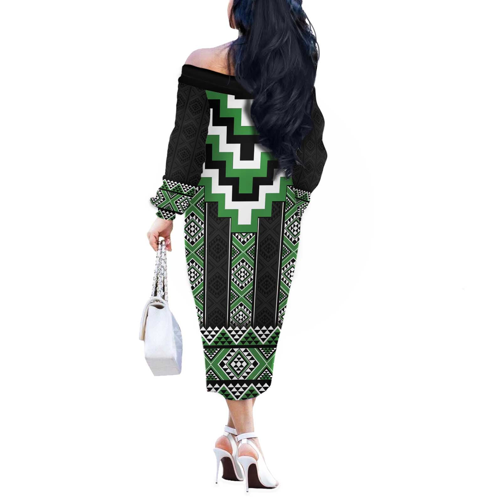 Green Taniko Pattern Aotearoa Off The Shoulder Long Sleeve Dress Niho Taniwha Mix Poutama LT14