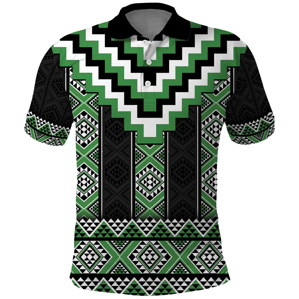 Green Taniko Pattern Aotearoa Polo Shirt Niho Taniwha Mix Poutama - Vibe Hoodie Shop