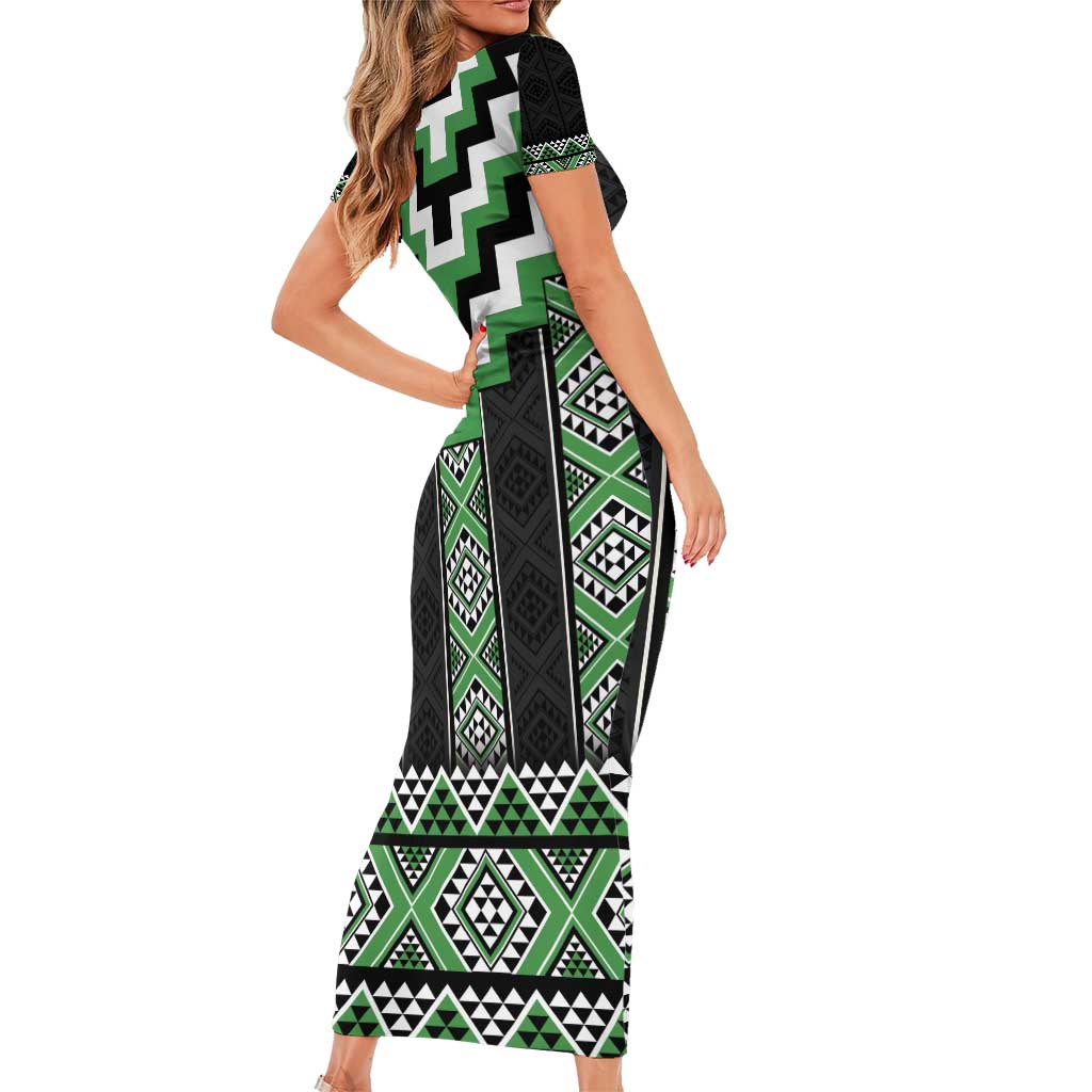 Green Taniko Pattern Aotearoa Short Sleeve Bodycon Dress Niho Taniwha Mix Poutama LT14