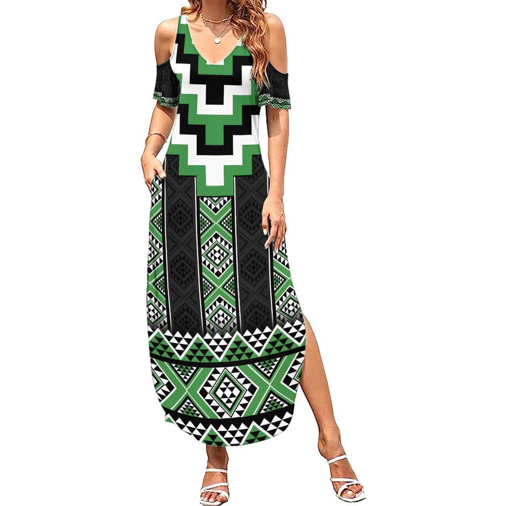 Green Taniko Pattern Aotearoa Summer Maxi Dress Niho Taniwha Mix Poutama LT14