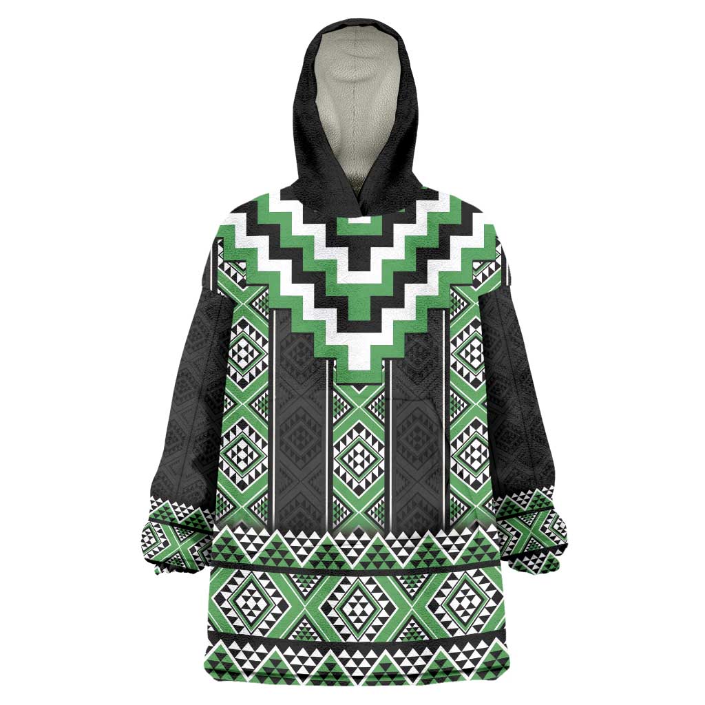 Green Taniko Pattern Aotearoa Wearable Blanket Hoodie Niho Taniwha Mix Poutama - Vibe Hoodie Shop