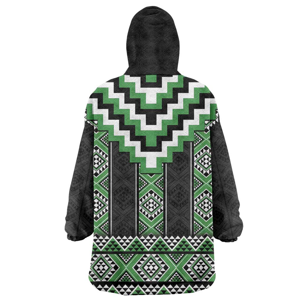 Green Taniko Pattern Aotearoa Wearable Blanket Hoodie Niho Taniwha Mix Poutama - Vibe Hoodie Shop