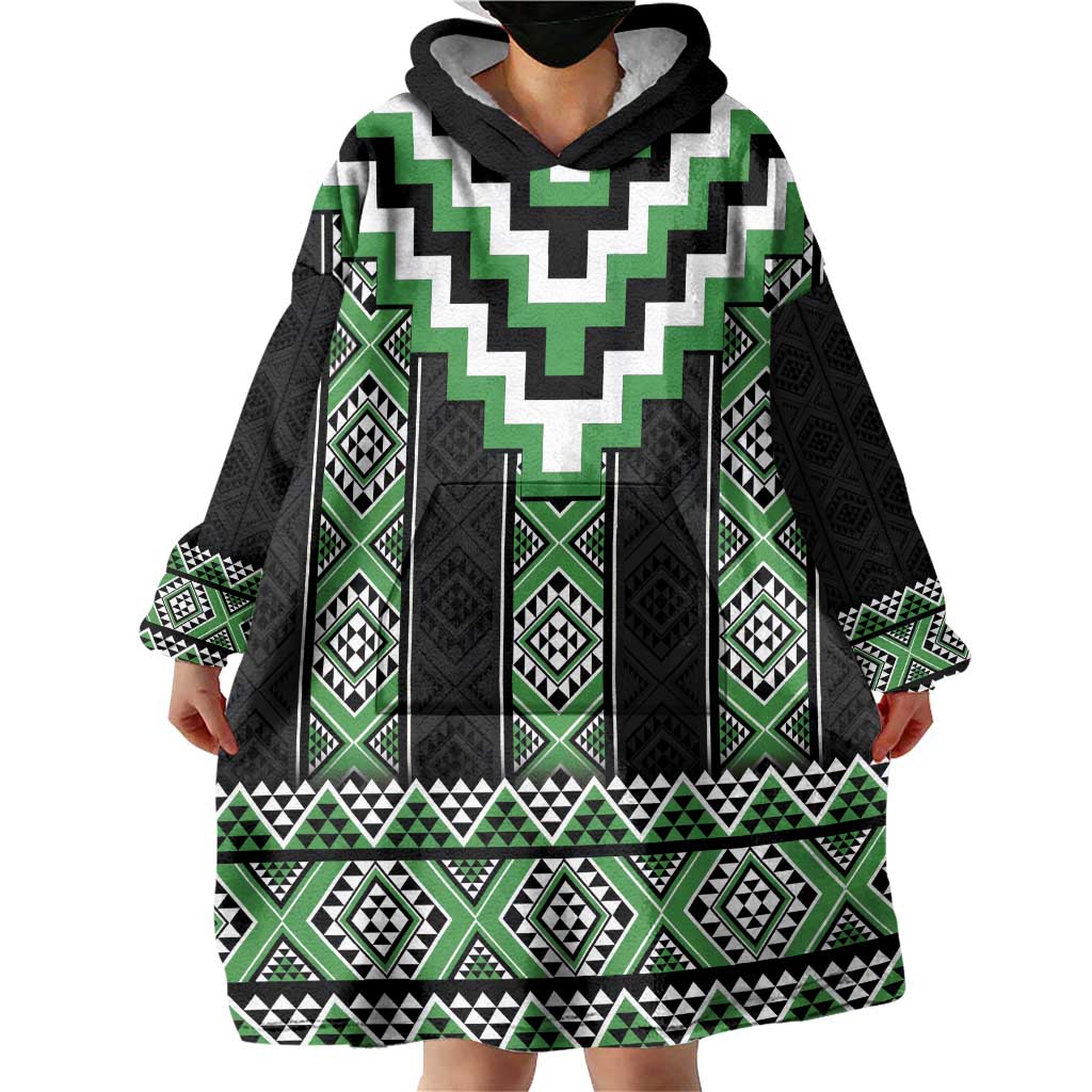 Green Taniko Pattern Aotearoa Wearable Blanket Hoodie Niho Taniwha Mix Poutama - Vibe Hoodie Shop